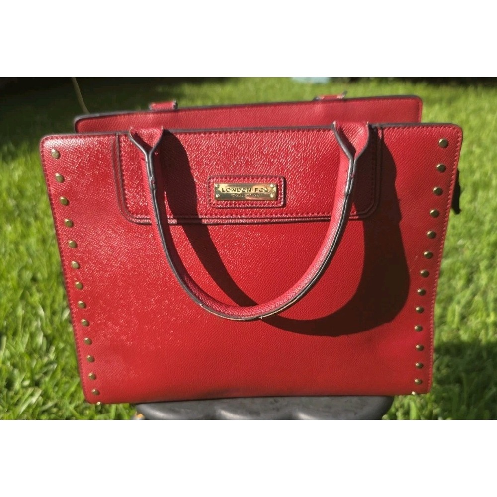 London Fog Red Studded Satchel Handbag Gold Hardware Top Handle Tote Bag